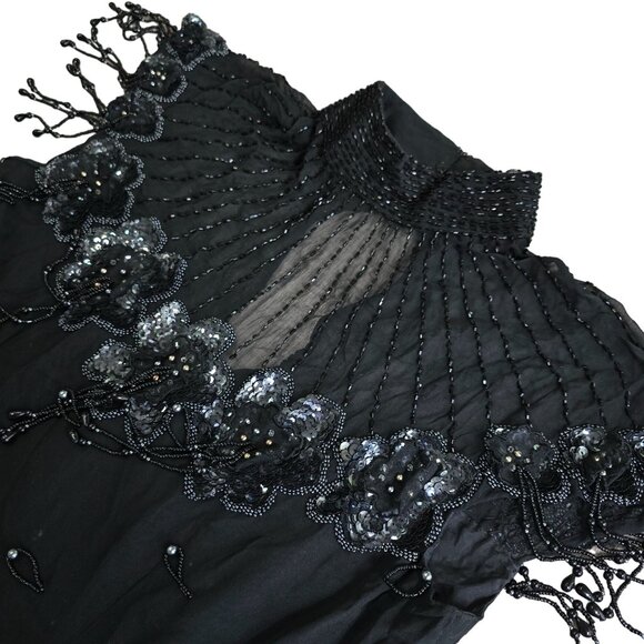 Vintage Silk Beaded Evening Gown By Gene Roye Size 6 Black With Floral Embellish - Picture 6 of 13
